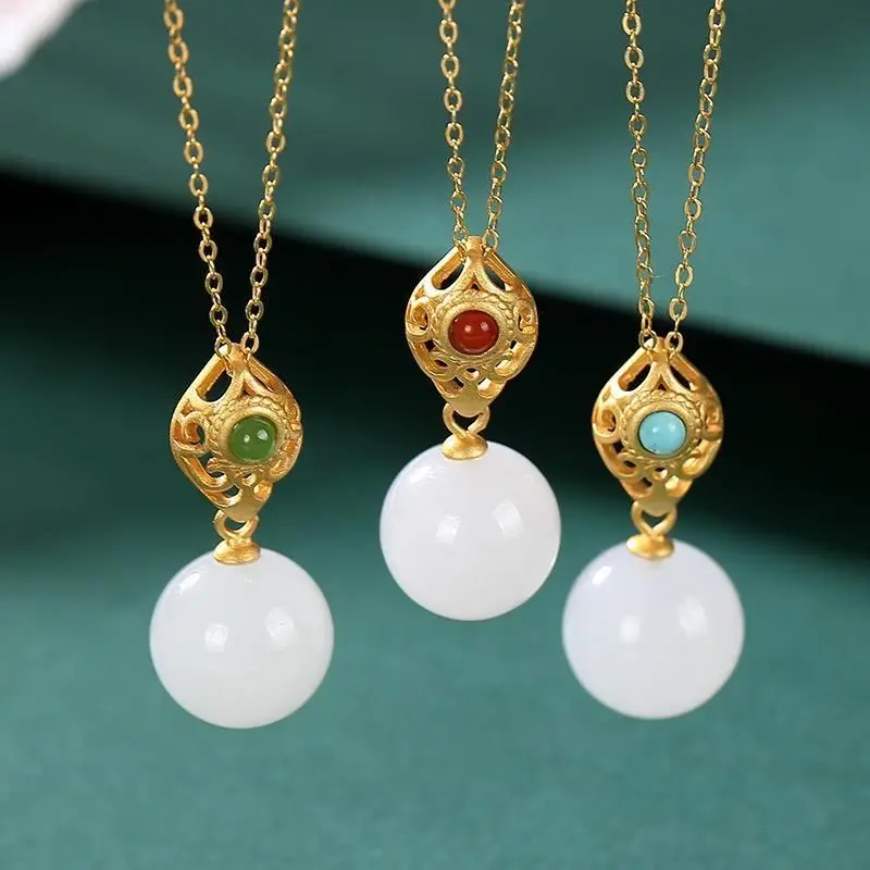 silver inlaid natural Hetian White Jade Bead Pendant Necklace Chinese style retro palace three color charm women's jewelry
silver inlaid natural Hetian White Jade Bead Pendant Necklace Chinese style retro palace three color charm women's jewelry