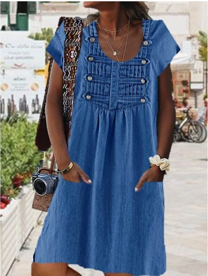 Faux Denim Dress Summer Double Button Cowboy Mini Dresses OL Style O Neck Short Sleeve Loose Shirt Dress Vestidos
Faux Denim Dress Summer Double Button Cowboy Mini Dresses OL Style O Neck Short Sleeve Loose Shirt Dress Vestidos