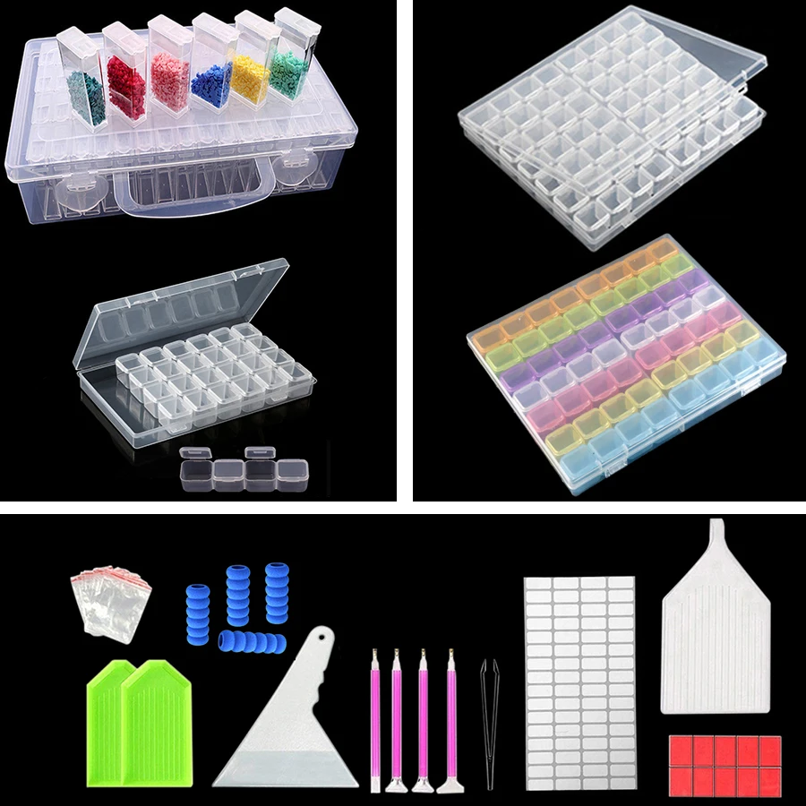 

5d Diamond Painting Embroidery Accessories Tools Set 28/56/64 Cells Plastic Storage Box and pen Drill disk stickers Tool Kits