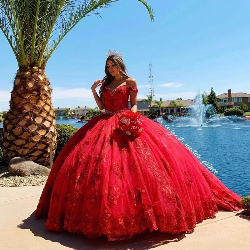 

Puffy Red Quinceanera Dress Lace Appliques Off Shoulder Beaded Sweet 16 Ball Gowns Pageant Gowns Vestidos De