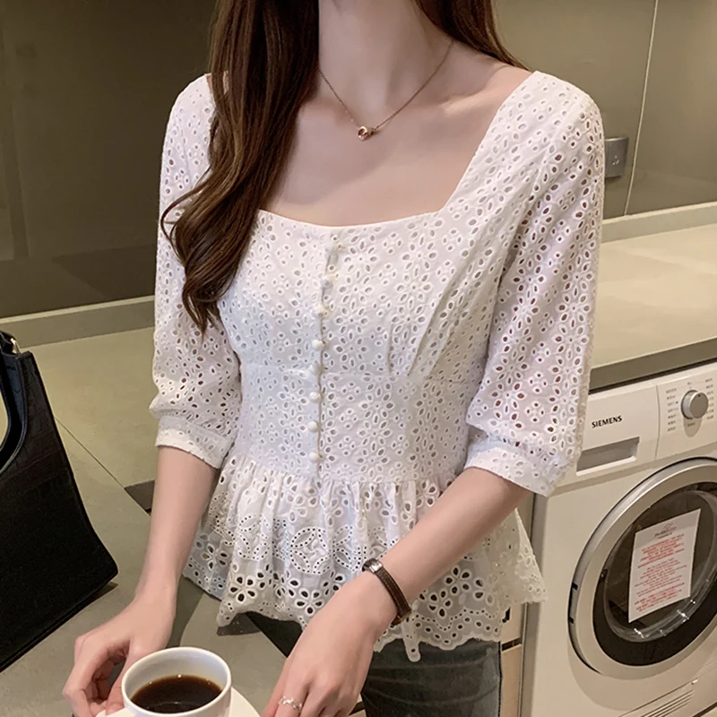 LJSXLS 2021 White Hollow Out Lace Shirts Women Summer The New Slim Close Your Waist Button Short Sleeve Female Blouses Clothes
LJSXLS 2021 White Hollow Out Lace Shirts Women Summer The New Slim Close Your Waist Button Short Sleeve Female Blouses Clothes
