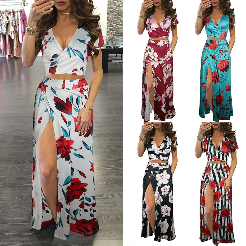 Fashion Two-Piece Set Hollow Out Crop Top And Split Long Skirts Sleeveless V Neck Sexy Floral Dress Women Clothing Dress 
Fashion Two-Piece Set Hollow Out Crop Top And Split Long Skirts Sleeveless V Neck Sexy Floral Dress Women Clothing Dress
