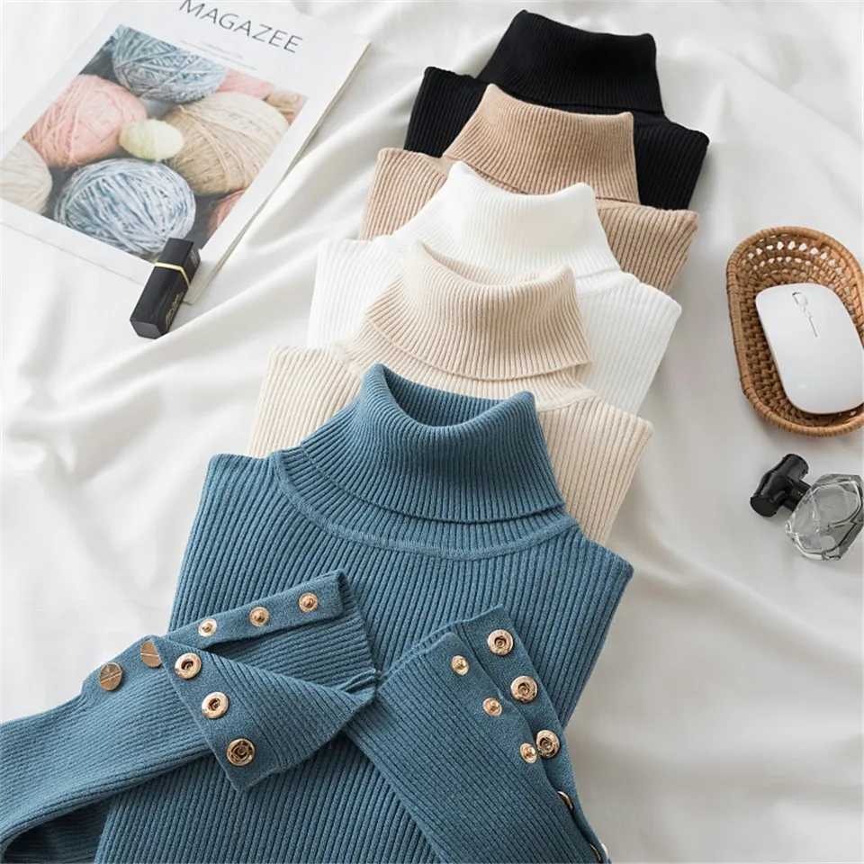 Autumn Knit Sweater Women Winter Solid Turtleneck Buttons Bottoming Knitted Pullovers Top Casual Basic Pullovers Sweaters Female 
Autumn Knit Sweater Women Winter Solid Turtleneck Buttons Bottoming Knitted Pullovers Top Casual Basic Pullovers Sweaters Female