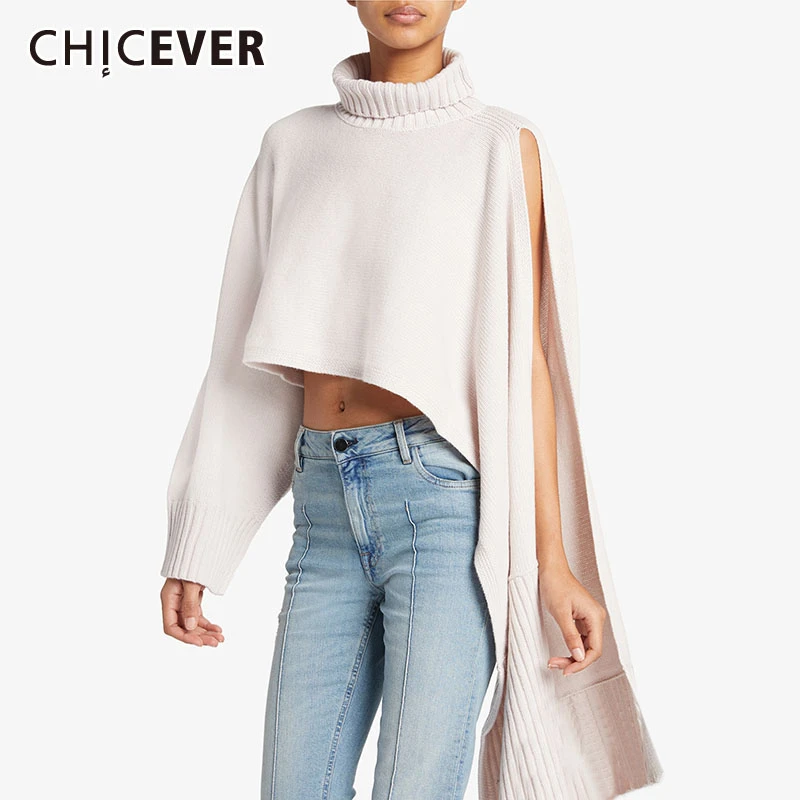 

CHICEVER Oversize Sweater For Women Turtleneck Long Sleeve Hollow Out Split Knitted Pullover Asymmetric Sweaters Female 2020 New