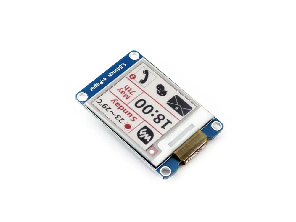 Waveshare 1.54''e-paper,200x200,1.54inch E-Ink display,Three Display color: red, black, white.SPI interface,No backlight
Waveshare 1.54''e-paper,200x200,1.54inch E-Ink display,Three Display color: red, black, white.SPI interface,No backlight
