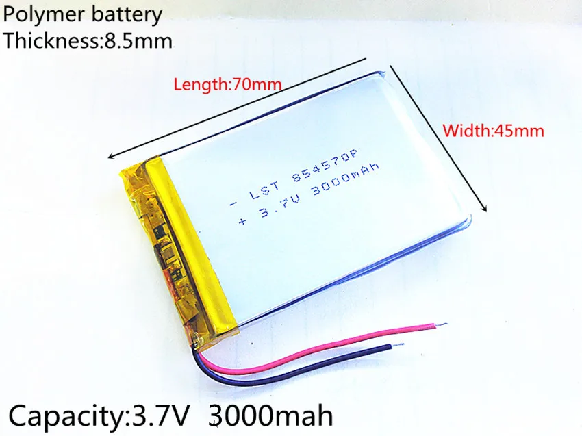 3.7V 3000mAh 854570 Lithium Polymer Li-Po li ion Rechargeable Battery cells For Mp3 MP4 MP5 GPS mobile bluetooth
3.7V 3000mAh 854570 Lithium Polymer Li-Po li ion Rechargeable Battery cells For Mp3 MP4 MP5 GPS mobile bluetooth