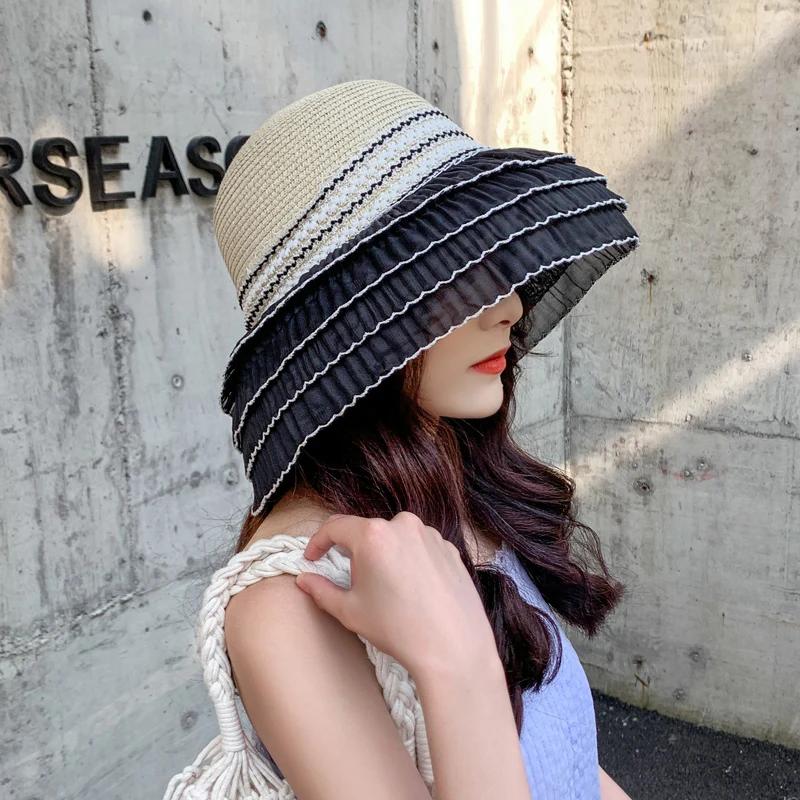 2021 Detachable lace accessories Beach Foldable Hats for WomenSummer Large Brim Straw Hat Floppy Wide Brim Sun Cap Feminino Caps