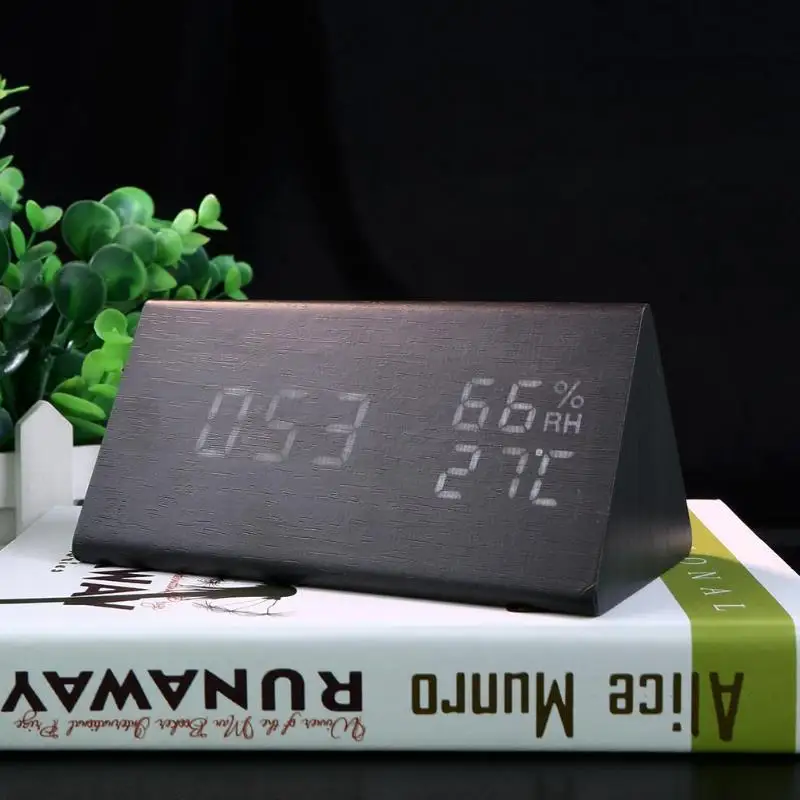 Интеллектуальный индукционный USB деревянный светодиодный Будильник с контролем