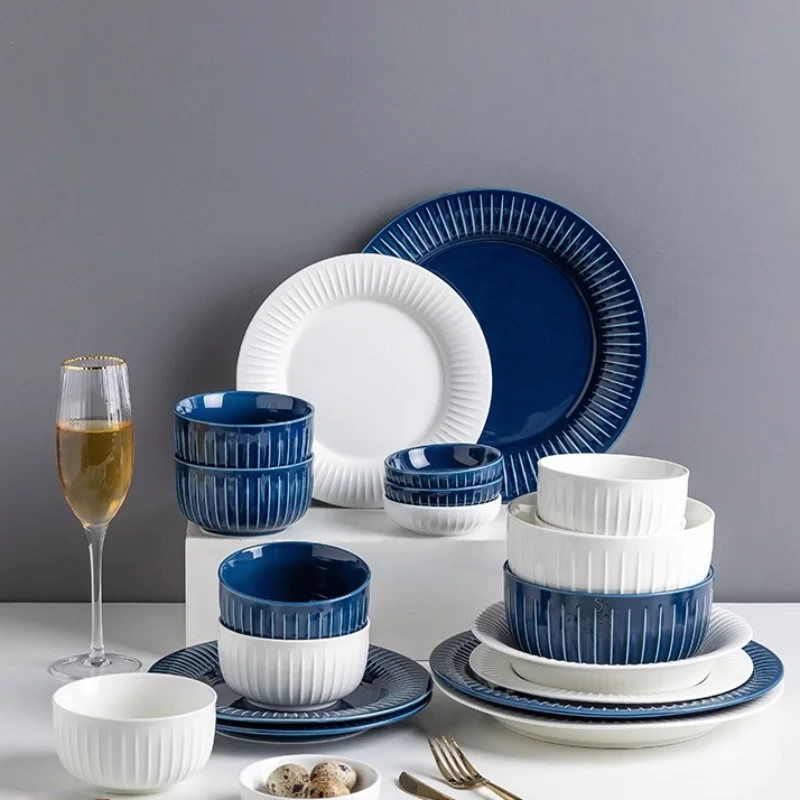 

Dark Blue Tableware Set Bowls and Dishes Household Rice Bowls Dishes Salad Hepburn Nordic Simplicity Ceramic Kitchen