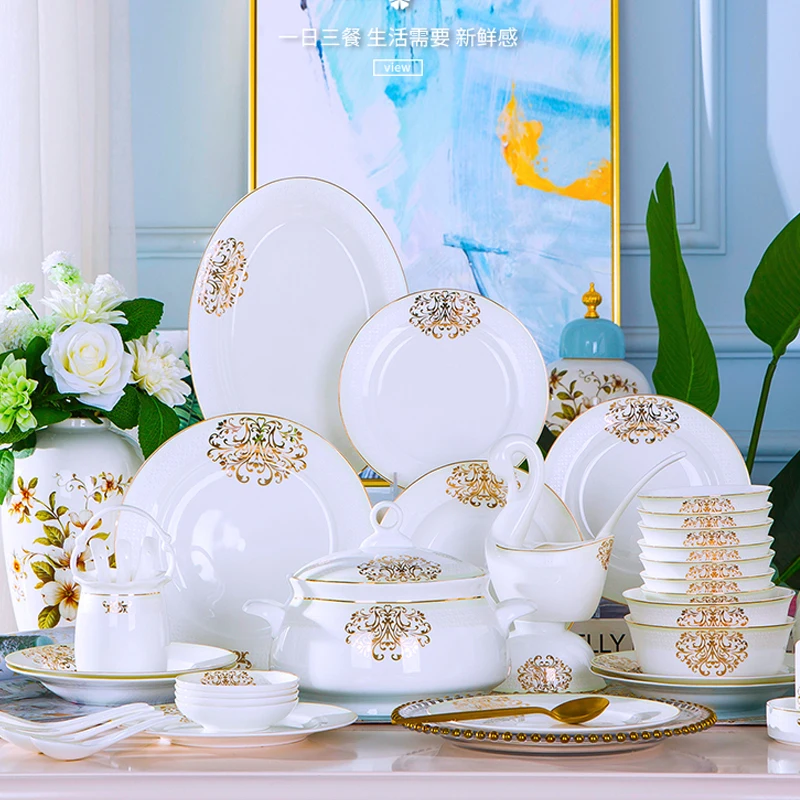 

Фарфоровая посуда Jingdezhen с 60 головками, чаши для риса и супа, миска для салата, лапши, сервиз, фарфоровая тарелка, миска, столовая посуда