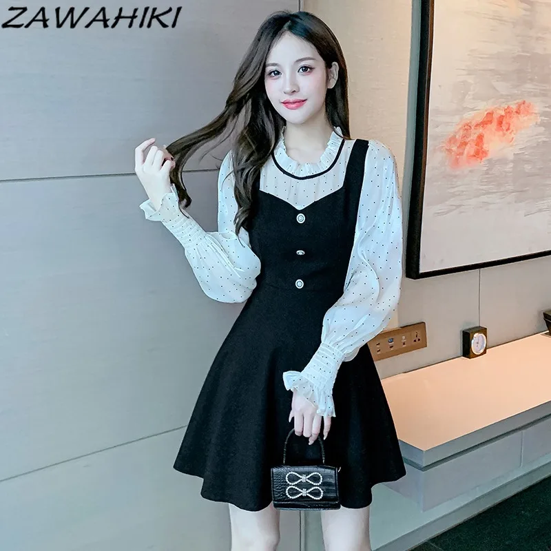 ZAWAHIKI French Style Black Stitching Woman Dress Autumn New Flare Sleeve Stand Collar Femme Robe Buttons Fake Two-piece Dresses
ZAWAHIKI French Style Black Stitching Woman Dress Autumn New Flare Sleeve Stand Collar Femme Robe Buttons Fake Two-piece Dresses