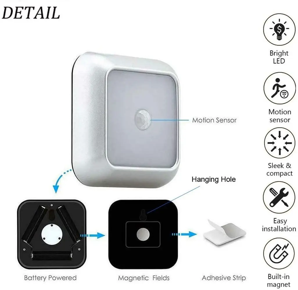 New Square Smart Motion Sensor Night Lights Battery Operated 6 LED PIR Induction Cabinet Lamp for Bedroom Toilet Hallway Pathway
New Square Smart Motion Sensor Night Lights Battery Operated 6 LED PIR Induction Cabinet Lamp for Bedroom Toilet Hallway Pathway