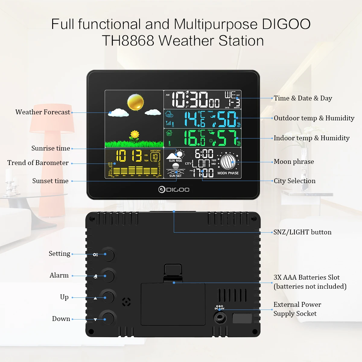 Digoo DG-TH8380 Touch Indoor Outdoor Weather Station + 100m Forecast Sensor Thermometer Hygrometer Meter Calendar CH Backlight
Digoo DG-TH8380 Touch Indoor Outdoor Weather Station + 100m Forecast Sensor Thermometer Hygrometer Meter Calendar CH Backlight