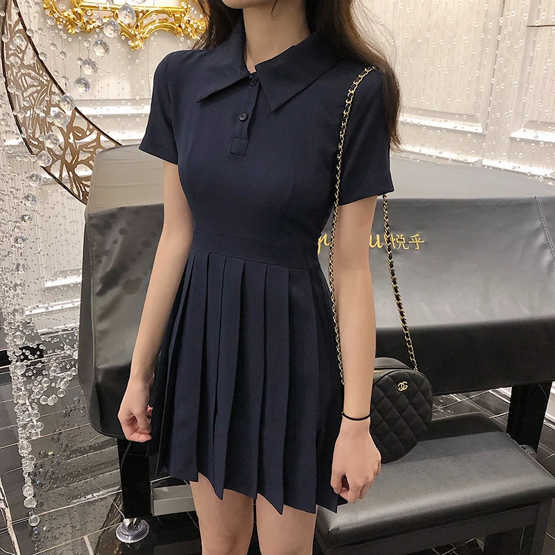 Preppy short-sleeved black Dress 2021 New Summer pleated Short Dress Slim High waist Fashion Casual Dress Women
Preppy short-sleeved black Dress 2021 New Summer pleated Short Dress Slim High waist Fashion Casual Dress Women