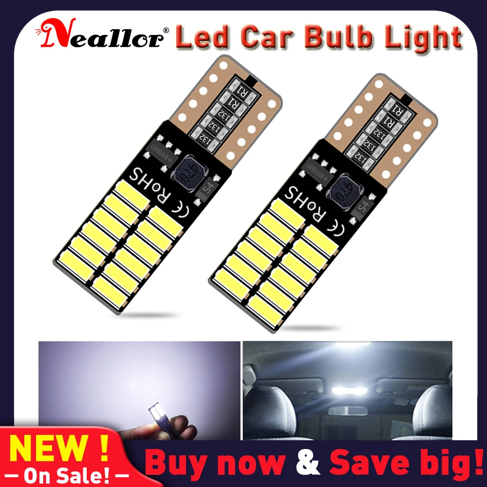 

2x T10 LED Bulbs W5W Canbus 12V 24SMD 5000K White Car Interior Reading Light Wedge Side License Plate 5W5 LED Free Error 194 168