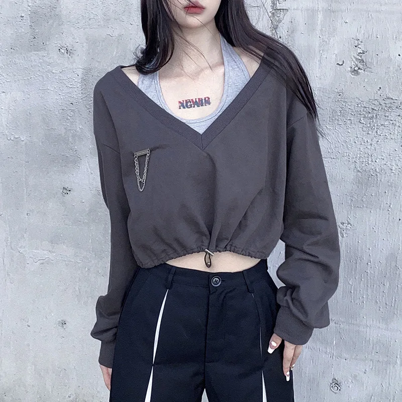 Women Autumn Solid 2 Piece Sets Deep V-Neck Long Sleeve Cropped Pullovers and Corsage Streetwear Y2k Loose Sweatshirt Set 
Women Autumn Solid 2 Piece Sets Deep V-Neck Long Sleeve Cropped Pullovers and Corsage Streetwear Y2k Loose Sweatshirt Set