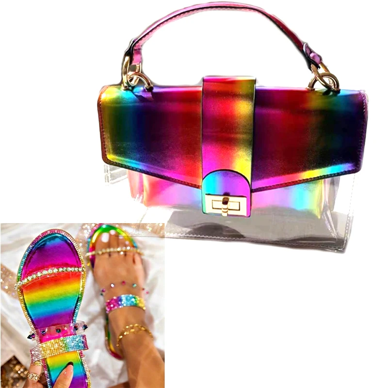 2021New Patent Leather Purse And Water Drill Slippers Rainbow Handbags With Women Shoes Sets Summer Flip Flops With Bag To Match
2021New Patent Leather Purse And Water Drill Slippers Rainbow Handbags With Women Shoes Sets Summer Flip Flops With Bag To Match