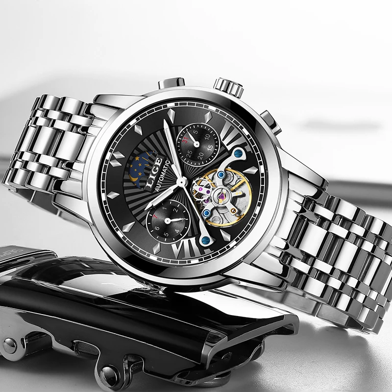 Часы наручные LIGE Fashoin мужские автоматические брендовые роскошные механические