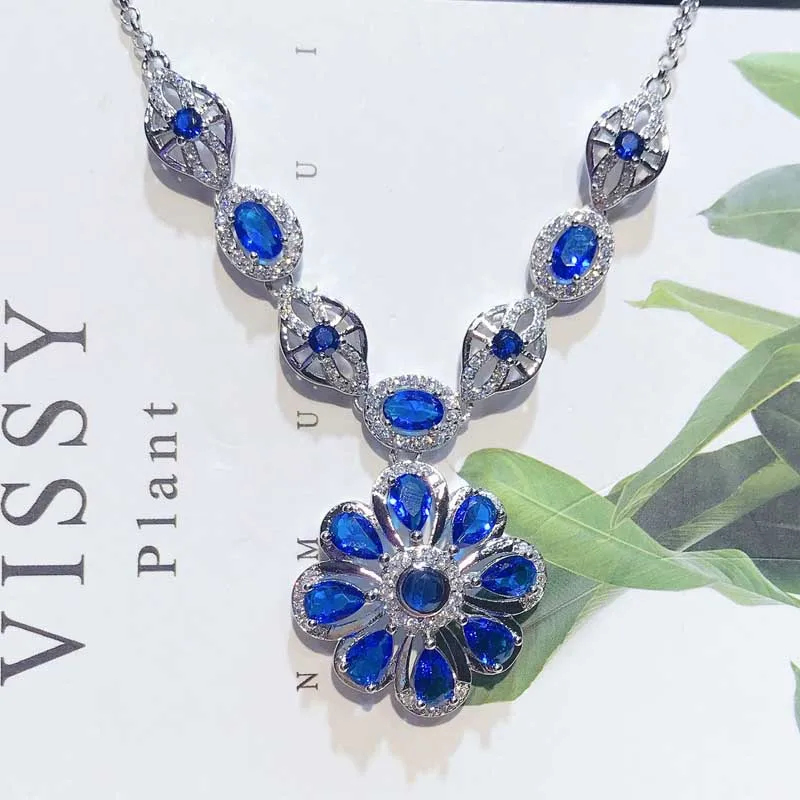 

Europe America Luxury Necklace Inlay Blue AAA Zircon Exquisite Hanging Flower Pendant For Women Wedding Engagement Party Gifts