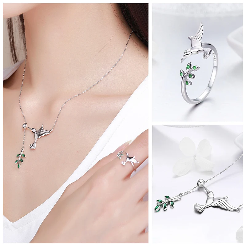 925 Sterling Silver Jewelry Set Hummingbird & Tree Leaves Dangle Pendant Necklace Adjustable Green Zircon Open Ring for Women
925 Sterling Silver Jewelry Set Hummingbird & Tree Leaves Dangle Pendant Necklace Adjustable Green Zircon Open Ring for Women