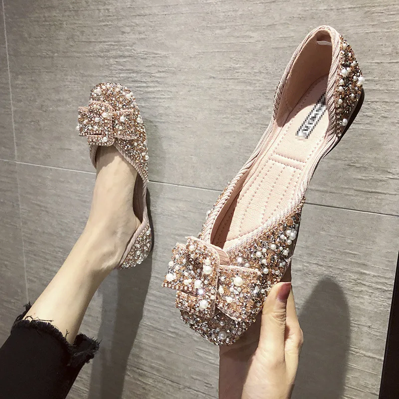 Sparkling Women Flat Dance Loafers with Bow Shiny Pearl Rhinestone Decoration Round Toe Soft Ballet Shoes D'orsay Flats Shoe
Sparkling Women Flat Dance Loafers with Bow Shiny Pearl Rhinestone Decoration Round Toe Soft Ballet Shoes D'orsay Flats Shoe