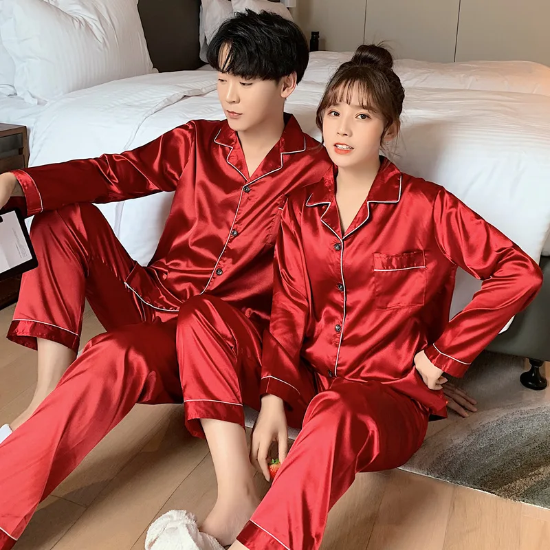 Solid Color Sleepwear Silk Satin Pajamas Couple Set Long Button-Down Pyjamas Suit Pijama Women Men Loungewear Plus Size Pj Set 
Solid Color Sleepwear Silk Satin Pajamas Couple Set Long Button-Down Pyjamas Suit Pijama Women Men Loungewear Plus Size Pj Set