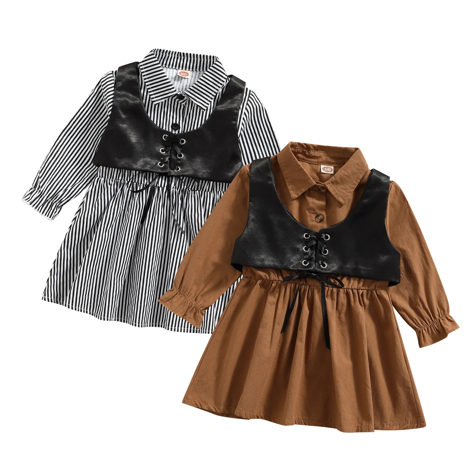 Little Girls Dress and Camisole Fashion Stripe/Solid Color Long Sleeve Turn-dowm Collar Dress with Bandage Vest Outfits
Little Girls Dress and Camisole Fashion Stripe/Solid Color Long Sleeve Turn-dowm Collar Dress with Bandage Vest Outfits