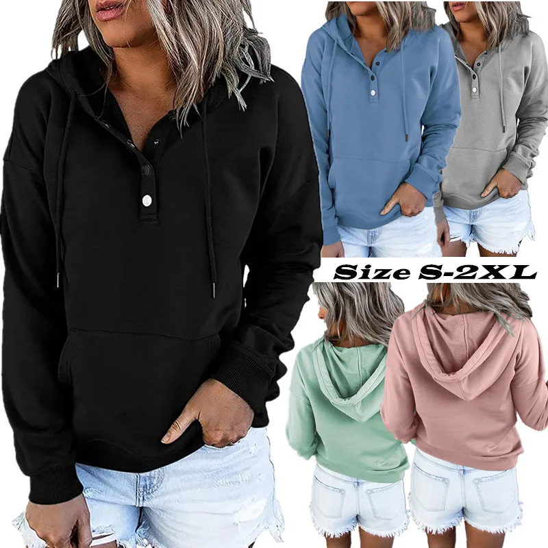 Fashion Women's Buttons V Neck Hooded Sweatshirt Ladies Sport Casual Loose Drawstring Hoodie Pullovers Streetwear Top
Fashion Women's Buttons V Neck Hooded Sweatshirt Ladies Sport Casual Loose Drawstring Hoodie Pullovers Streetwear Top