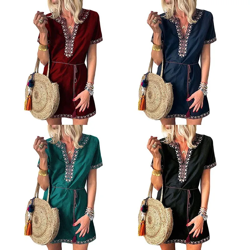 Summer Mini Dress Women Vintage V-Neck Short Sleeve Geometric Print Dress Casual Vacation Beach Dresses With Belt vestidos N
Summer Mini Dress Women Vintage V-Neck Short Sleeve Geometric Print Dress Casual Vacation Beach Dresses With Belt vestidos N