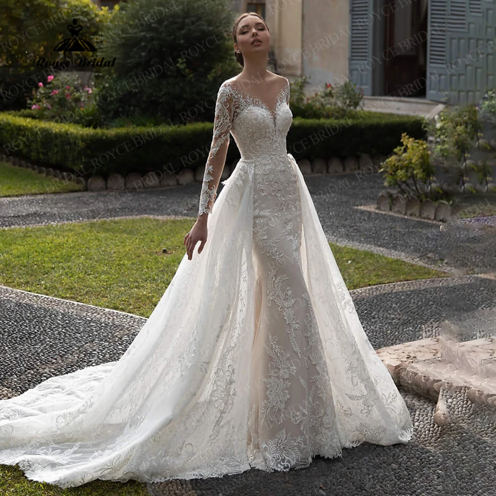 Luxury Mermaid 2 IN 1 Wedding Dress Appliques Long Sleeve Lace Bride Dress with Detachable Court Train Wedding Gown Plus Size
Luxury Mermaid 2 IN 1 Wedding Dress Appliques Long Sleeve Lace Bride Dress with Detachable Court Train Wedding Gown Plus Size