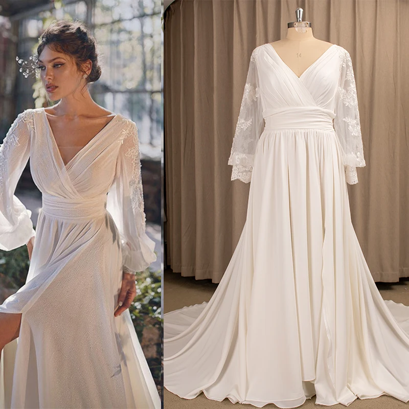 Long Bubble Sleeves Wedding Dress Appliqued Court Train V Neck Backless Ruched Chiffon High Bridal Gown Plus Size Robe De Mariee
Long Bubble Sleeves Wedding Dress Appliqued Court Train V Neck Backless Ruched Chiffon High Bridal Gown Plus Size Robe De Mariee
