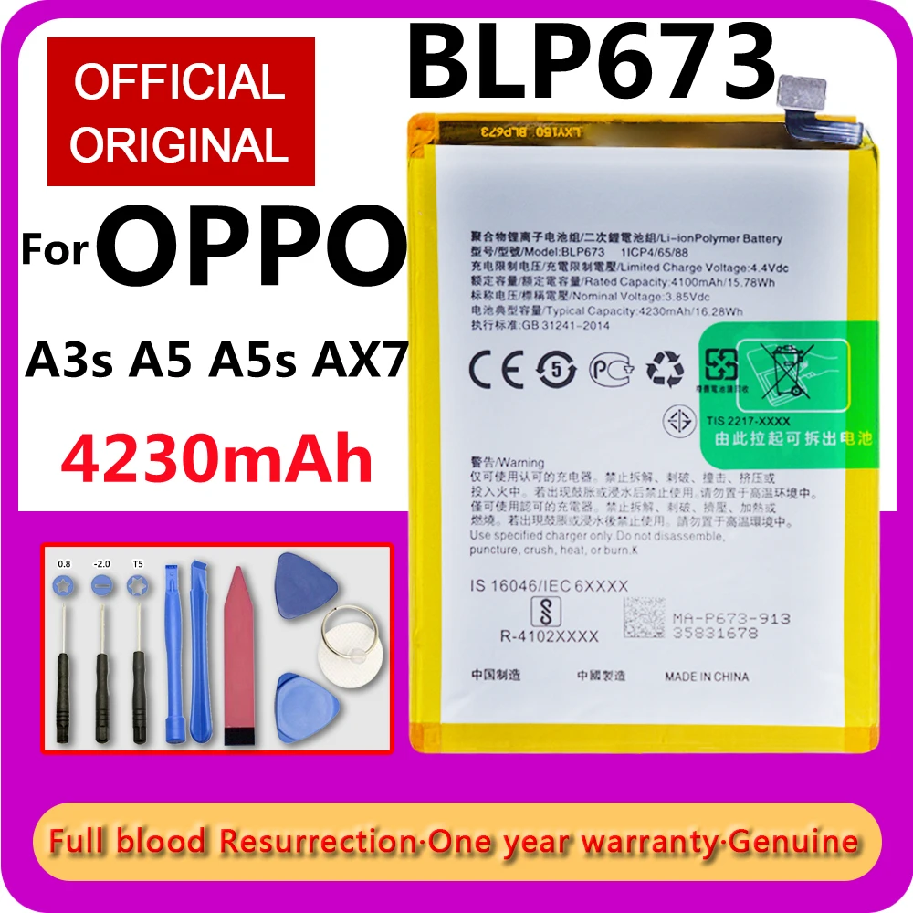 New 100% Original High Capacity BLP673 4230mAh Battery for OPPO A3s A5 A5s AX7 Smart Phone High Quality Batteries + Free Tools
New 100% Original High Capacity BLP673 4230mAh Battery for OPPO A3s A5 A5s AX7 Smart Phone High Quality Batteries + Free Tools