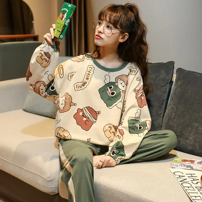Autumn Winter Cotton Pajamas Set For Women Cute Cartoon Little Green Monster O-Neck Long Sleeve Lounge Sleepwear Warm Home Suits 
Autumn Winter Cotton Pajamas Set For Women Cute Cartoon Little Green Monster O-Neck Long Sleeve Lounge Sleepwear Warm Home Suits
