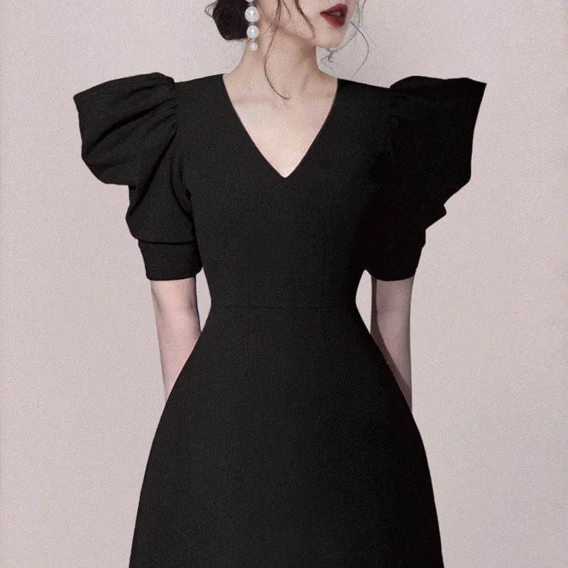 French retro black A line Dress one piece korean ladies Summer Short Sleeve cabaret party officce Dresses for women
French retro black A line Dress one piece korean ladies Summer Short Sleeve cabaret party officce Dresses for women