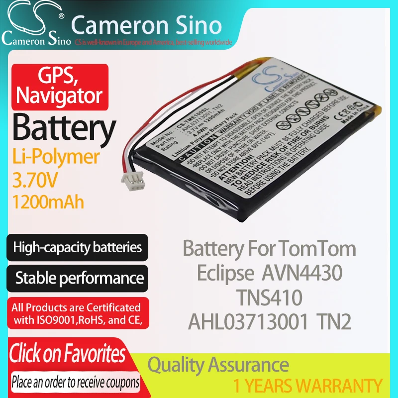 CameronSino Battery for TomTom Eclipse AVN4430 TNS410 fits TomTom AHL03713001 TN2 GPS,Navigator battery 1200mAh 3.70V Li-Polymer
CameronSino Battery for TomTom Eclipse AVN4430 TNS410 fits TomTom AHL03713001 TN2 GPS,Navigator battery 1200mAh 3.70V Li-Polymer
