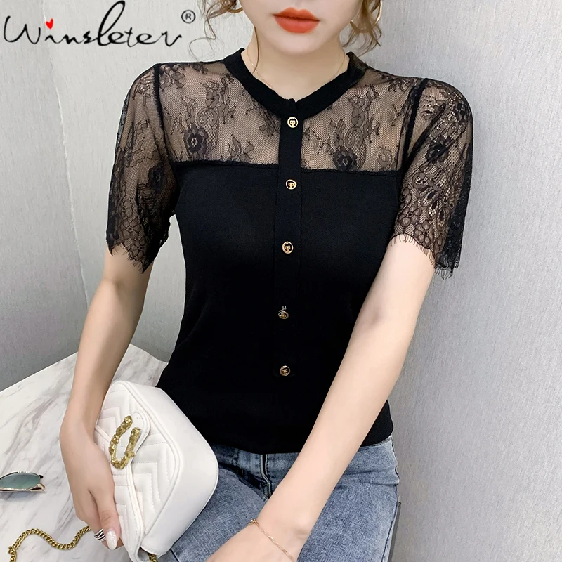 Summer European Clothes Thin Knit T-Shirt Fashion Sexy Patchwork Lace Pullover Button Women Tops Short Sleeve Tees 2021 T13413A
Summer European Clothes Thin Knit T-Shirt Fashion Sexy Patchwork Lace Pullover Button Women Tops Short Sleeve Tees 2021 T13413A