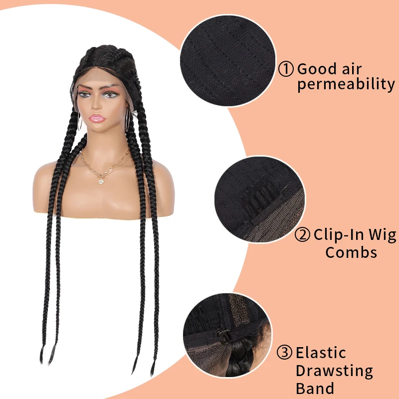 Youthfee 35 Inches Lace Front Braided Wigs Double Dutch Box Braids Wig with Baby Hair For Black Women 360 Synthetic | Шиньоны и парики
