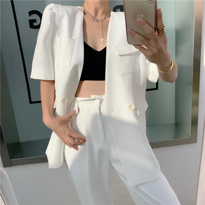 2021 summer Korean style temperament V-neck puff sleeve short-sleeved mid-length suit jacket coat 
2021 summer Korean style temperament V-neck puff sleeve short-sleeved mid-length suit jacket coat