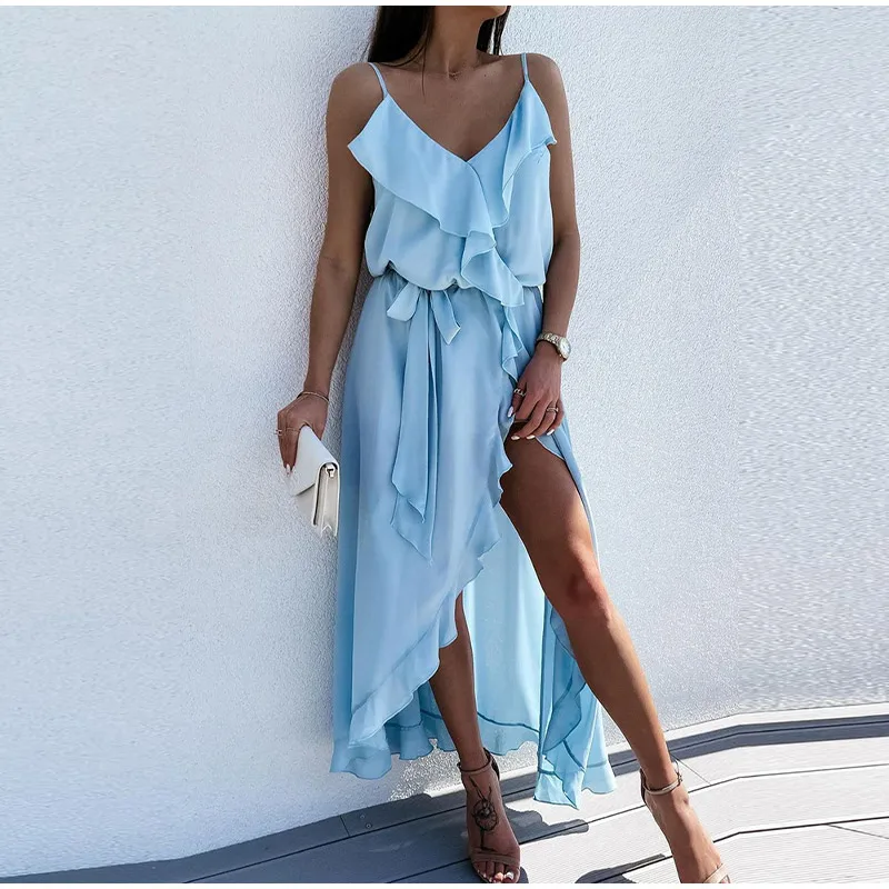 Summer Women's Dress Blue Spaghetti Strap Ruffles Lace Up Tunic Irregular Loose V-neck Fashion Sexy Long Dresses
Summer Women's Dress Blue Spaghetti Strap Ruffles Lace Up Tunic Irregular Loose V-neck Fashion Sexy Long Dresses