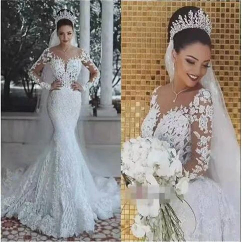 Vestidos de Novia Русалка совок Свадебные платья 2019 Длинные рукава с аппликацией