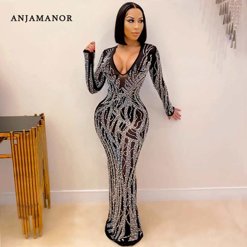 ANJAMANOR Sexy Deep V Long Sleeve Dresses Rhinestone Mesh Black Bodycon Maxi Dress Club Birthday Party Dress for Women D42-HE49
ANJAMANOR Sexy Deep V Long Sleeve Dresses Rhinestone Mesh Black Bodycon Maxi Dress Club Birthday Party Dress for Women D42-HE49