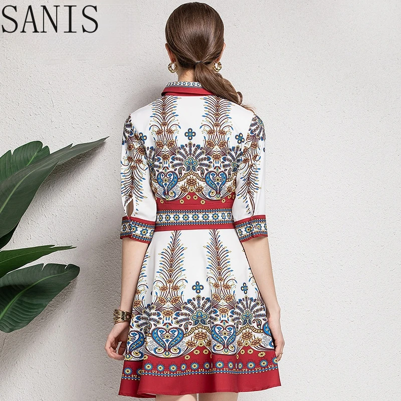 Sanis New Fashion Runway Summer Vintage Mini Dress Women's Turn-down Collar Floral print Beading Belt Elegant Party Dress
Sanis New Fashion Runway Summer Vintage Mini Dress Women's Turn-down Collar Floral print Beading Belt Elegant Party Dress