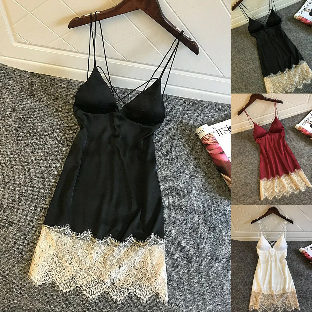 2020 Womens Sexy Satin Lace Patchwork Sling Sleepwear Lingerie Nightdress Underwear Сексуальная пижама Pijama sexy Mujer LW
2020 Womens Sexy Satin Lace Patchwork Sling Sleepwear Lingerie Nightdress Underwear Сексуальная пижама Pijama sexy Mujer LW