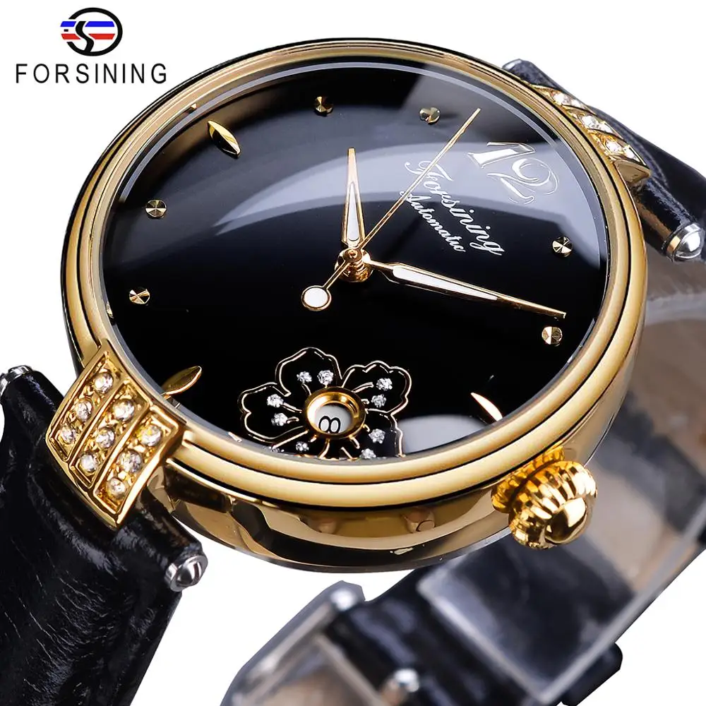 Женские часы с цветами Forsining черные золотые бриллиантами водонепроницаемые