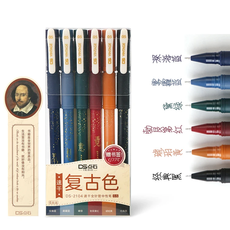 6 pcs Needle Shaped Nib Vintage Ink Gel Pen 0.5mm 6 Colors DS-2104 High Capacity Quick Dry Colour Retro Pens Creative Stationery
6 pcs Needle Shaped Nib Vintage Ink Gel Pen 0.5mm 6 Colors DS-2104 High Capacity Quick Dry Colour Retro Pens Creative Stationery
