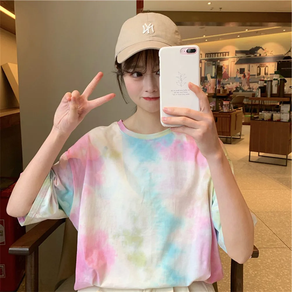 Summer Tops Tees Korean Version Loose Tie-dye Short-sleeved T-shirt Female Fashion Harajuku Ins Polyester Casual O-neck Funny
Summer Tops Tees Korean Version Loose Tie-dye Short-sleeved T-shirt Female Fashion Harajuku Ins Polyester Casual O-neck Funny