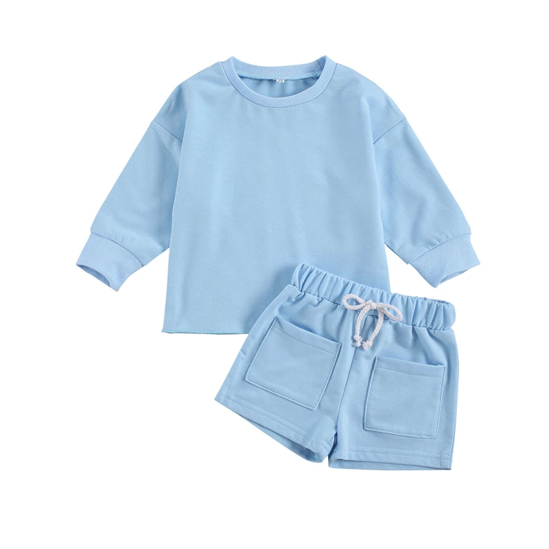 Little Boy Girl Clothing Solid Color Long Sleeve Crew Neck Top and Short Pants with Pocket and Drawstring Kids Clothing Set
Little Boy Girl Clothing Solid Color Long Sleeve Crew Neck Top and Short Pants with Pocket and Drawstring Kids Clothing Set