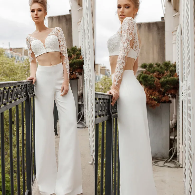 Elegant Sexy Full Sleeve Jumpsuit Wedding Dress V-Neck Lace Appliques Crop Top Button Bride Gown Satin Custom Made For Women
Elegant Sexy Full Sleeve Jumpsuit Wedding Dress V-Neck Lace Appliques Crop Top Button Bride Gown Satin Custom Made For Women