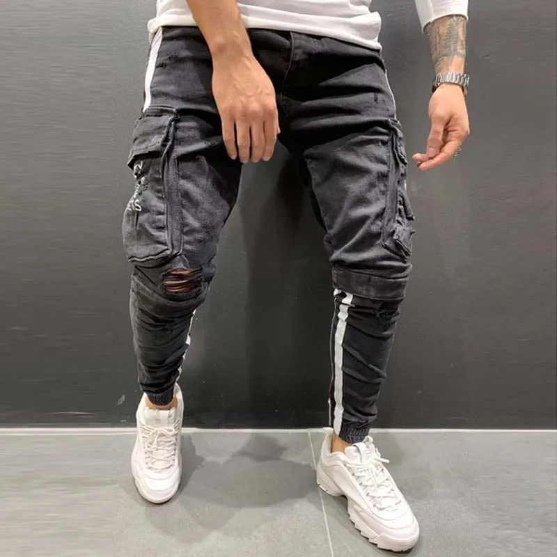 Mens Jeans Slim Harem Multi-Pocket With Letter Printing Cargo Pants Striped Fashion Hip Hop Denim Trousers Black Pencil Pants
Mens Jeans Slim Harem Multi-Pocket With Letter Printing Cargo Pants Striped Fashion Hip Hop Denim Trousers Black Pencil Pants