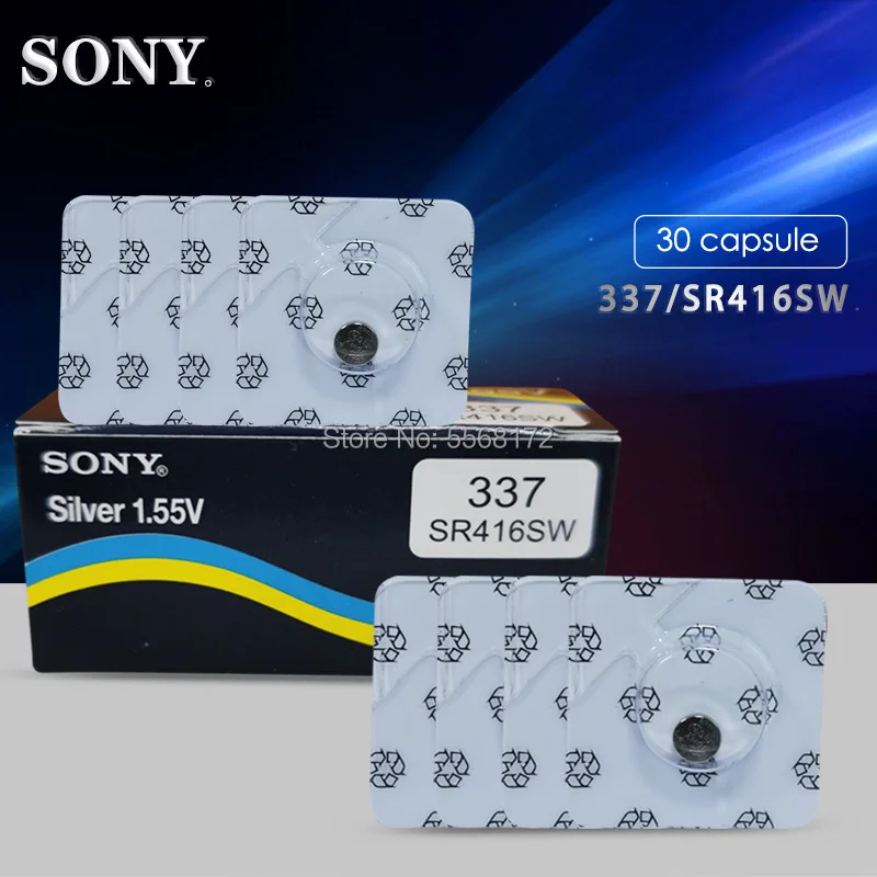 30 шт./лот Sony 100% оригинал 337 SR416SW 1 55 в оксид серебра батарейка для часов однослойная